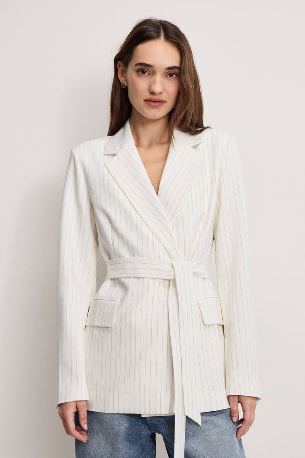ESSENTIAL SUITING BELTED BLAZER | CHESTNUT PIN STRIPE