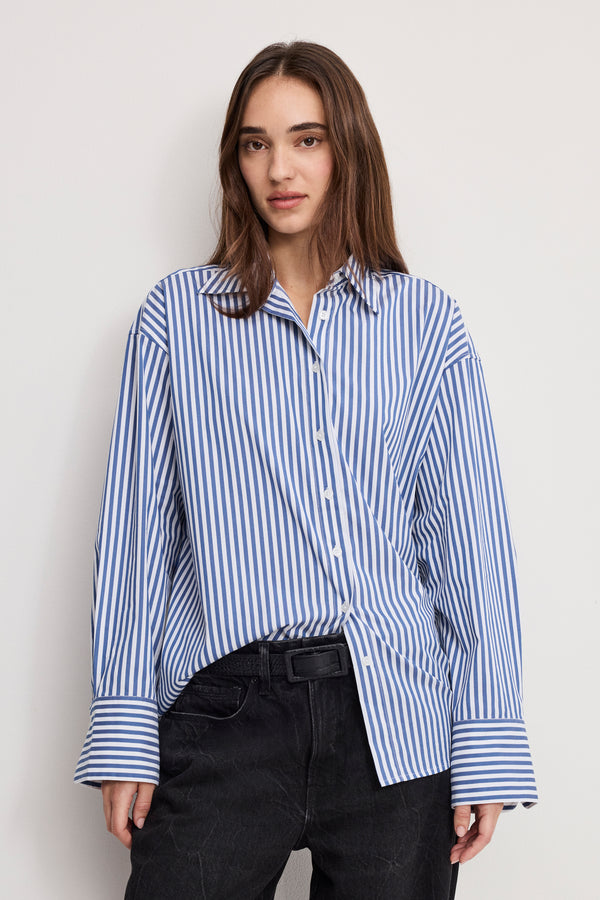 POPLIN OVERSIZED SHIRT W BUTTON ADJUSTABLE WAIST | INDIGO STRIPE