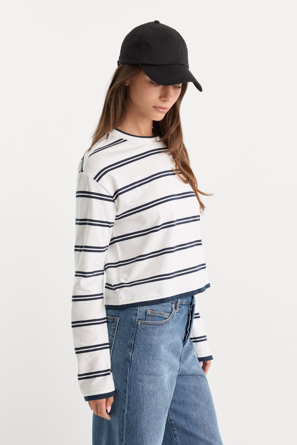 THE LONG SLEEVE LAYERED TEE | NAVY DOUBLE STRIPE
