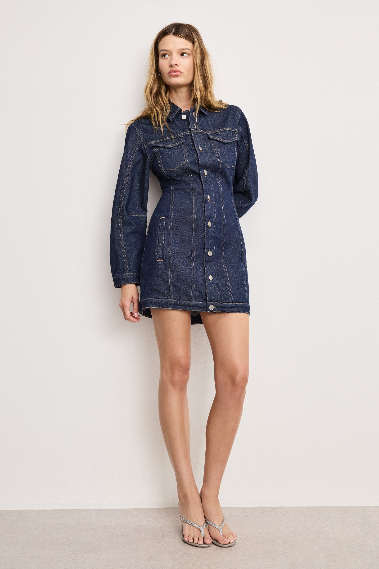 BARREL LONG SLEEVE MINI DRESS | INDIGO982