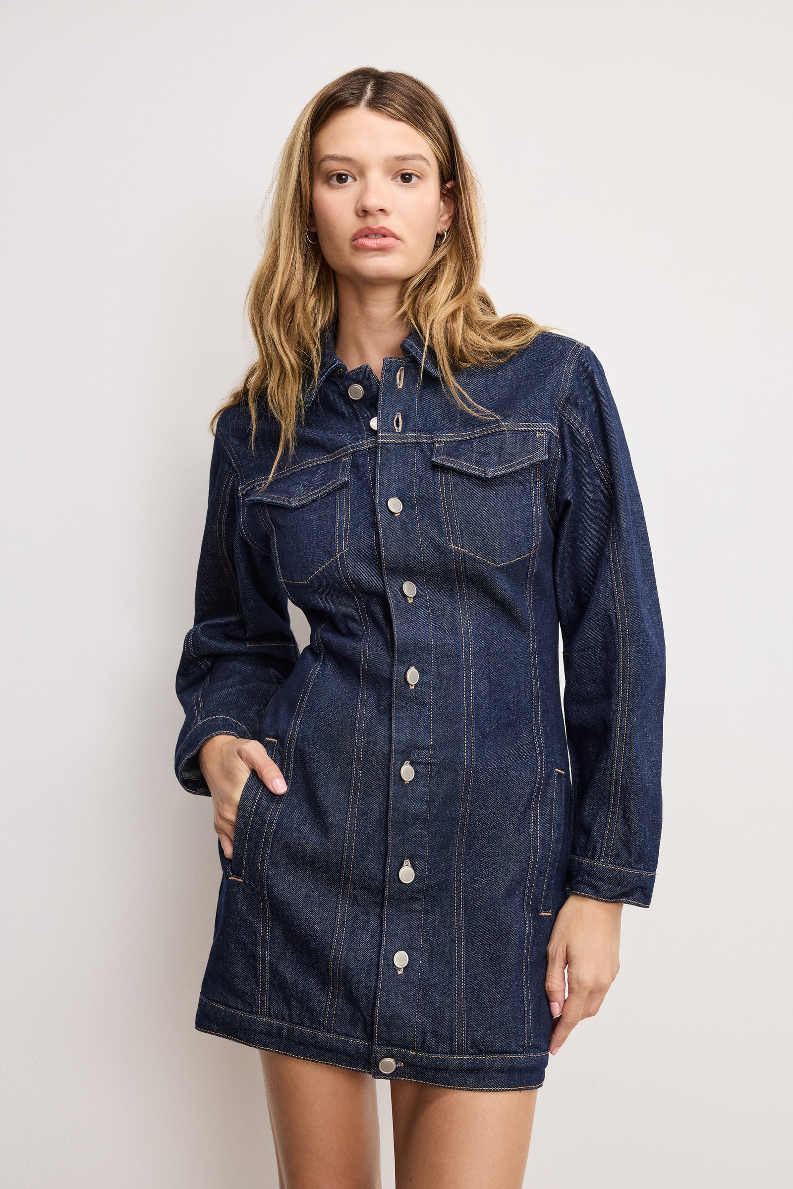BARREL LONG SLEEVE MINI DRESS | INDIGO982