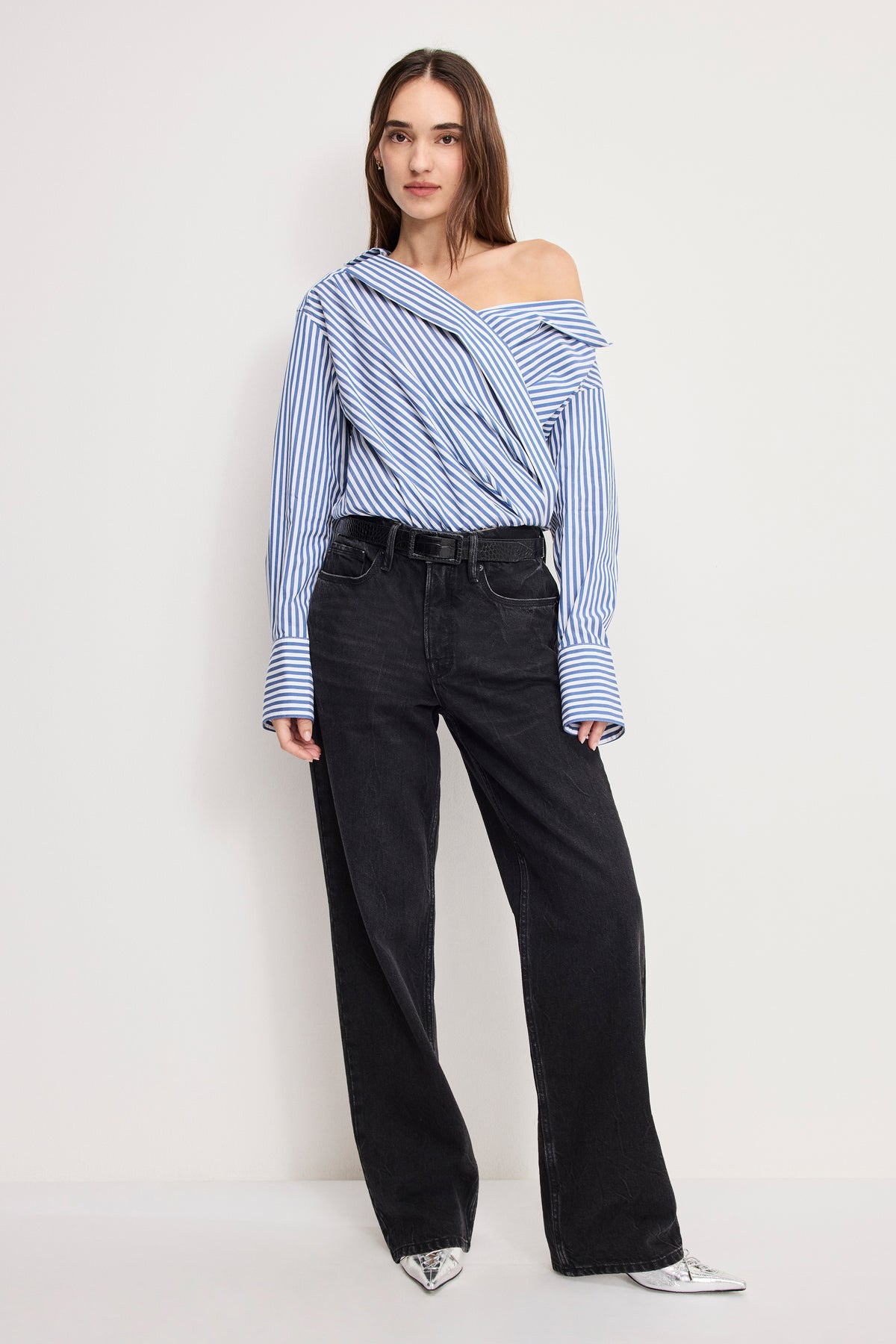 OFF-SHOULDER POPLIN BODYSUIT | INDIGO STRIPE