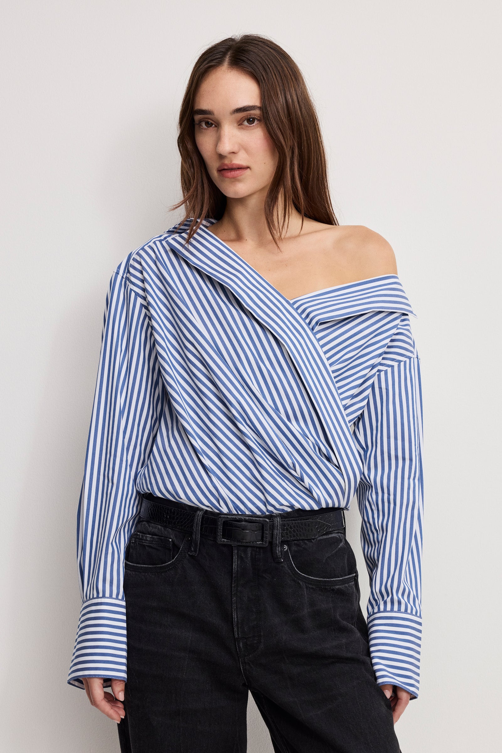 OFF-SHOULDER POPLIN BODYSUIT | INDIGO STRIPE