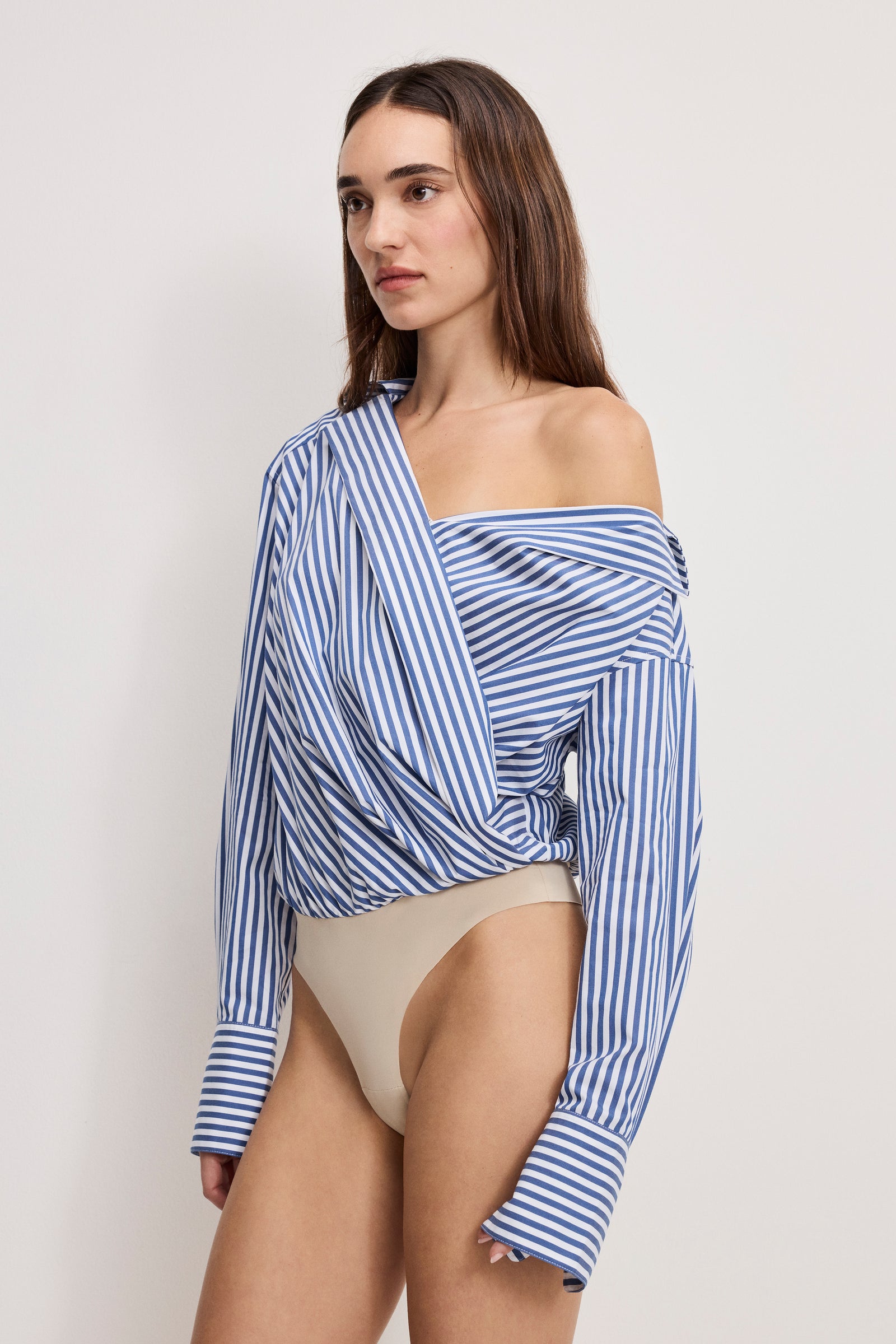 OFF-SHOULDER POPLIN BODYSUIT | INDIGO STRIPE