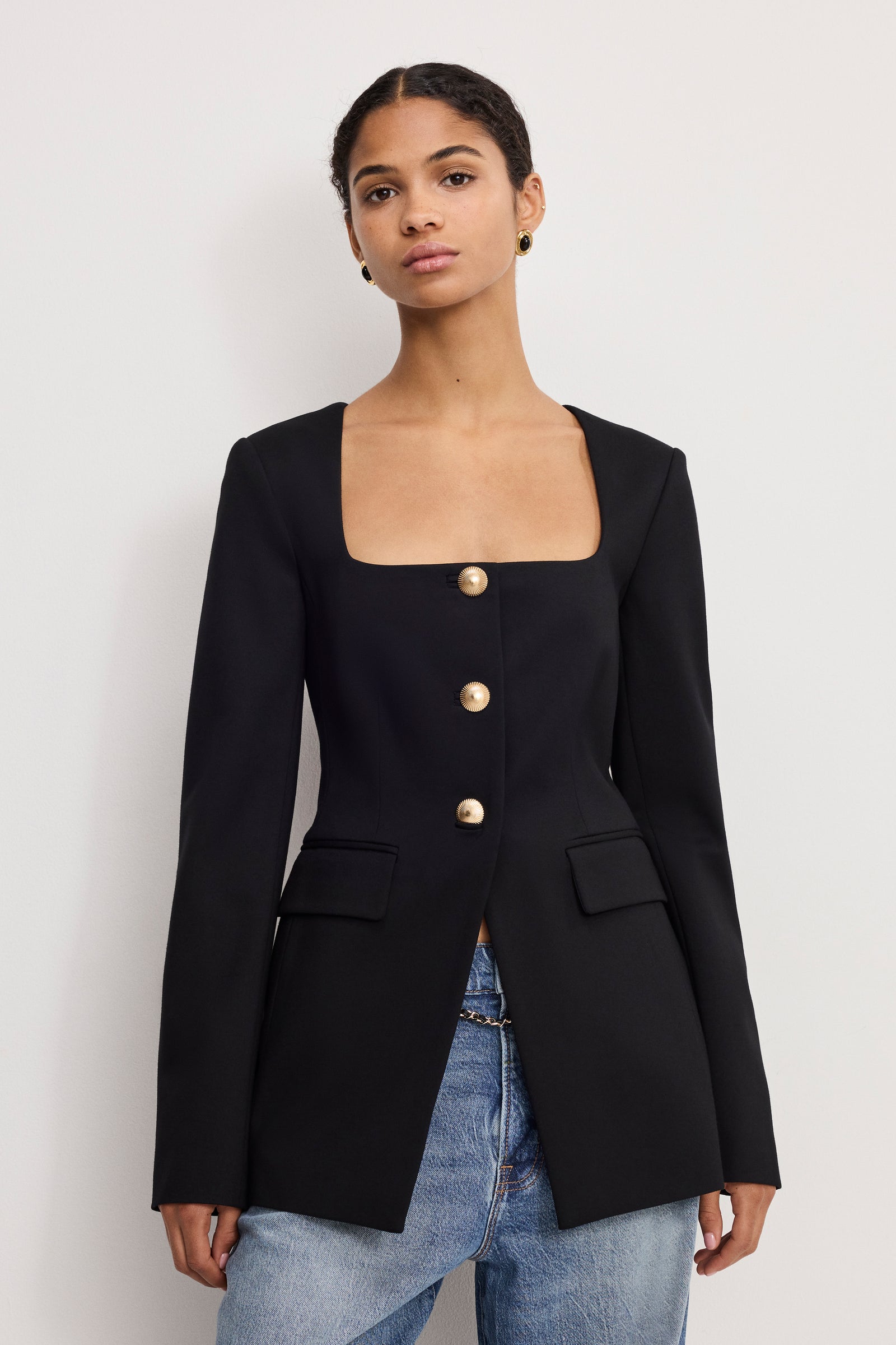 SOFT STRETCH PONTE SCULPTED BLAZER | BLACK001