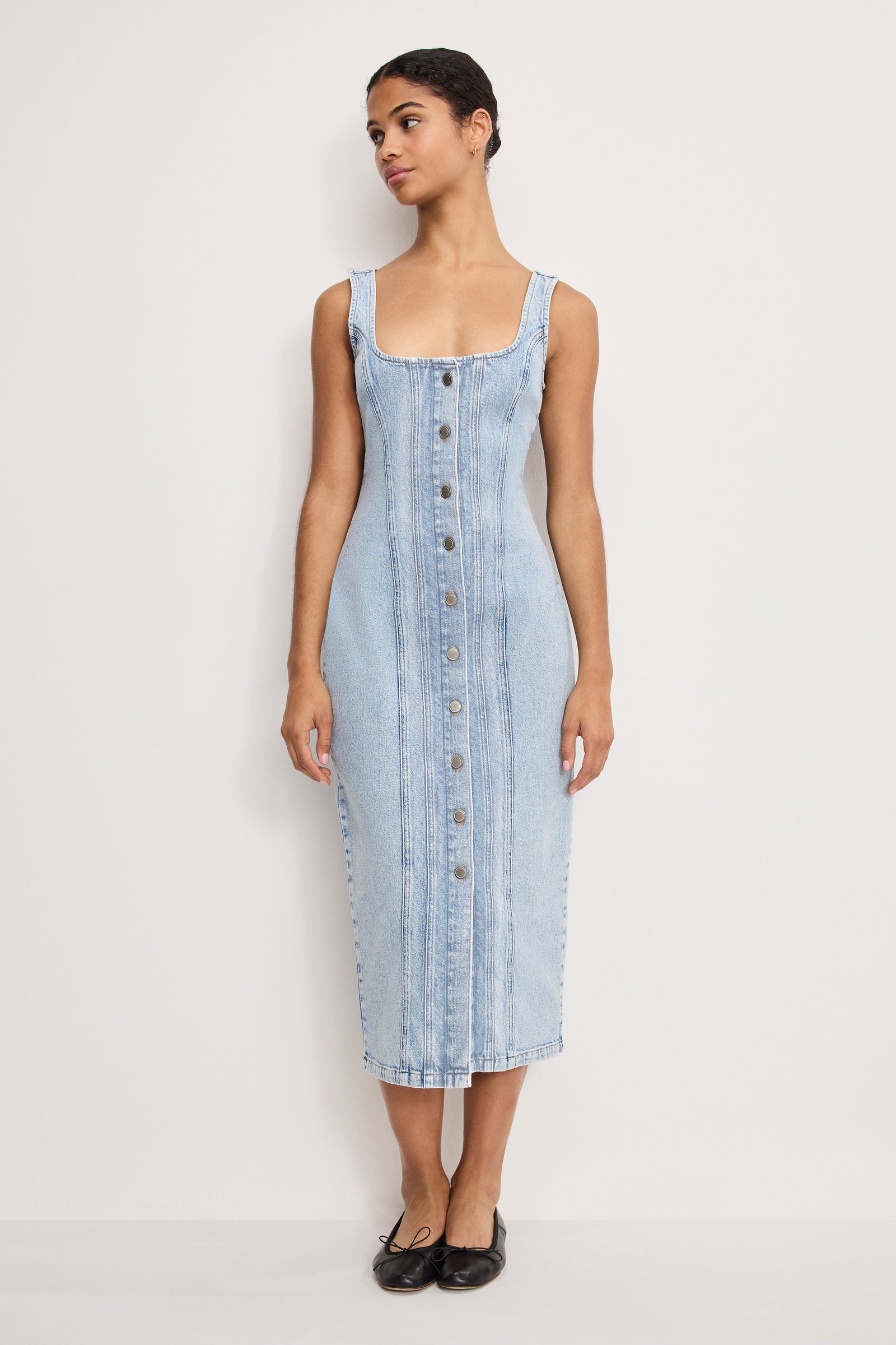 BUTTON FRONT MIDI DRESS | INDIGO911