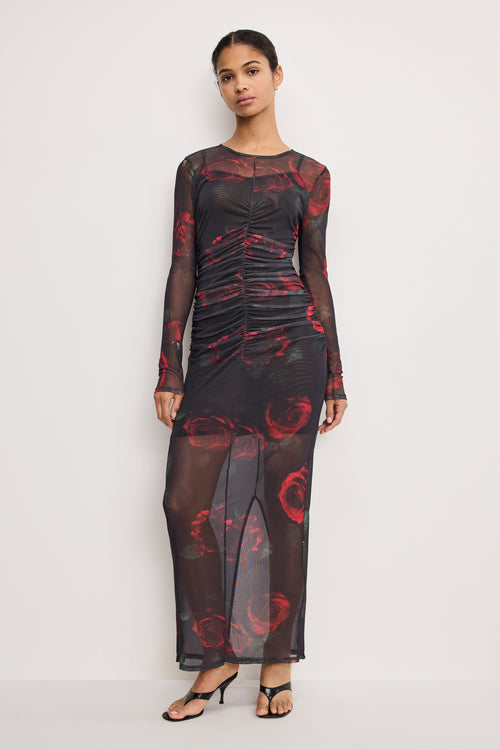 MESH RUCHED MAXI DRESS | MOODY RED ROSES001