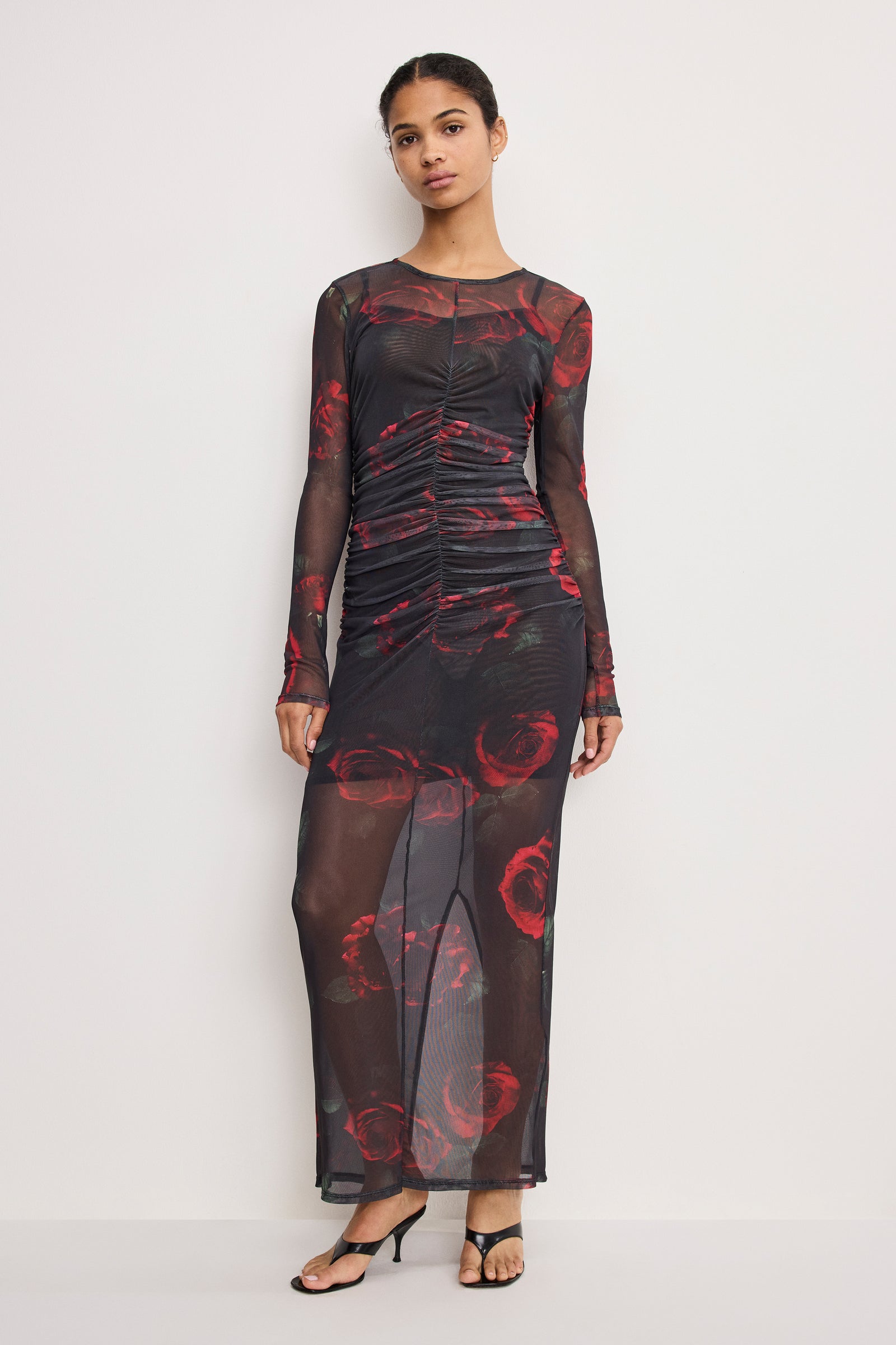 MESH RUCHED MAXI DRESS | MOODY RED ROSES001