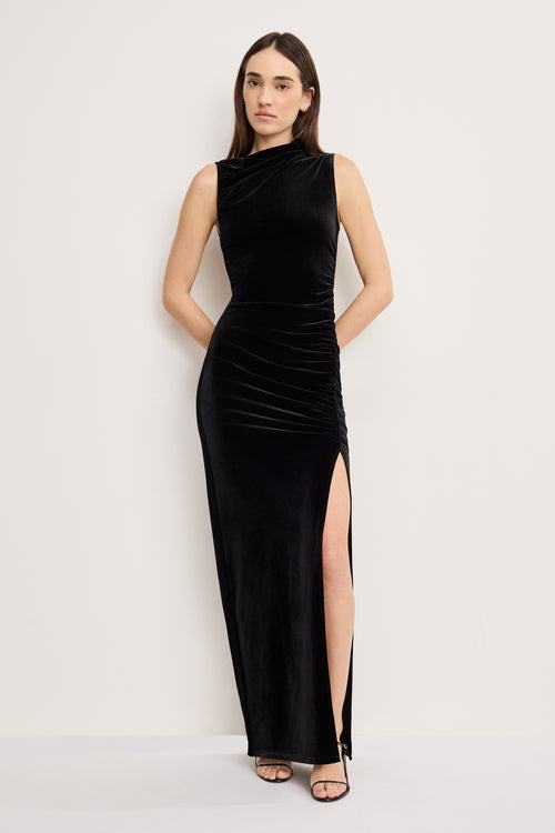 VELVET HIGH NECK MAXI DRESS | BLACK001