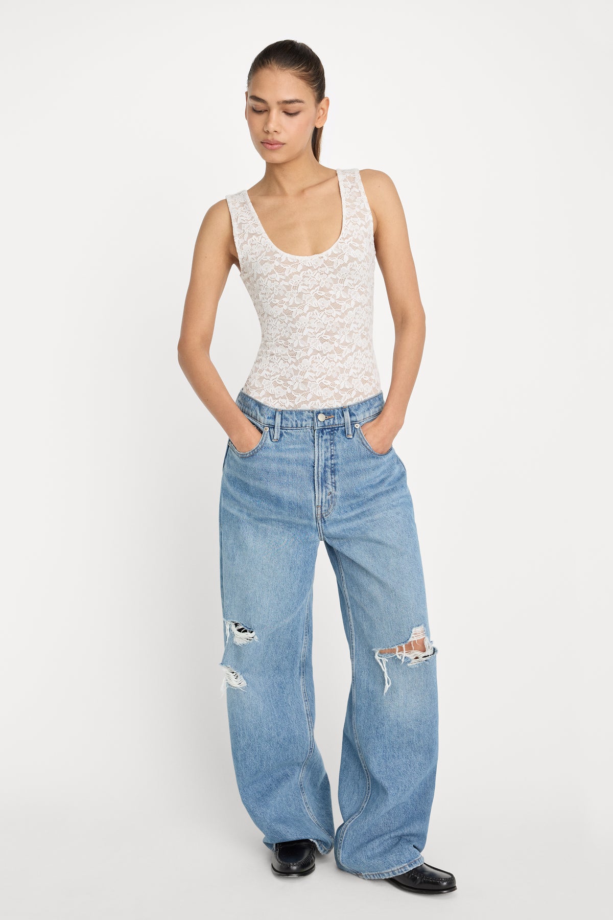 STRETCH LACE SCOOP TANK BODYSUIT | CHALK