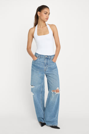 SCULPTING HALTER SQUARE NECK BODYSUIT | WHITE001