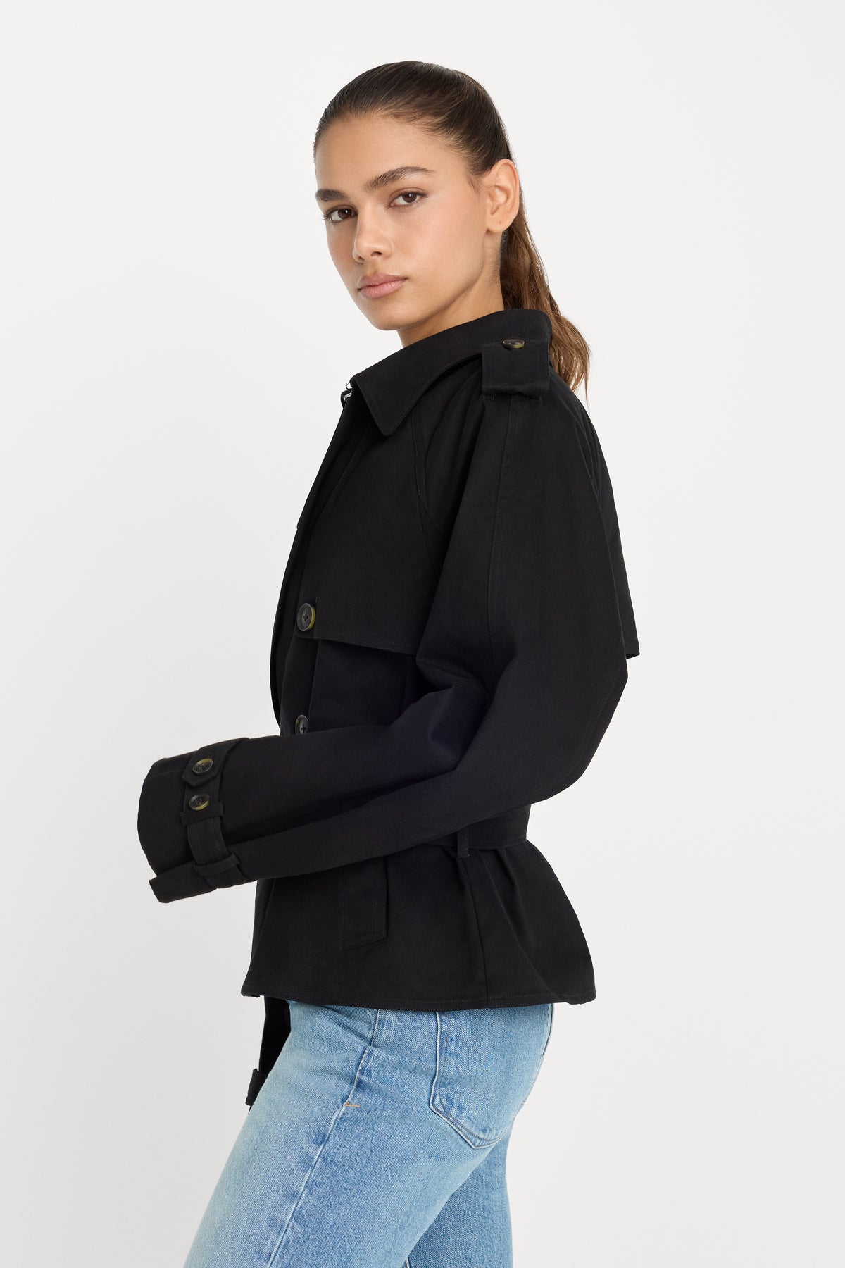 CROPPED TRENCH JACKET | BLACK001