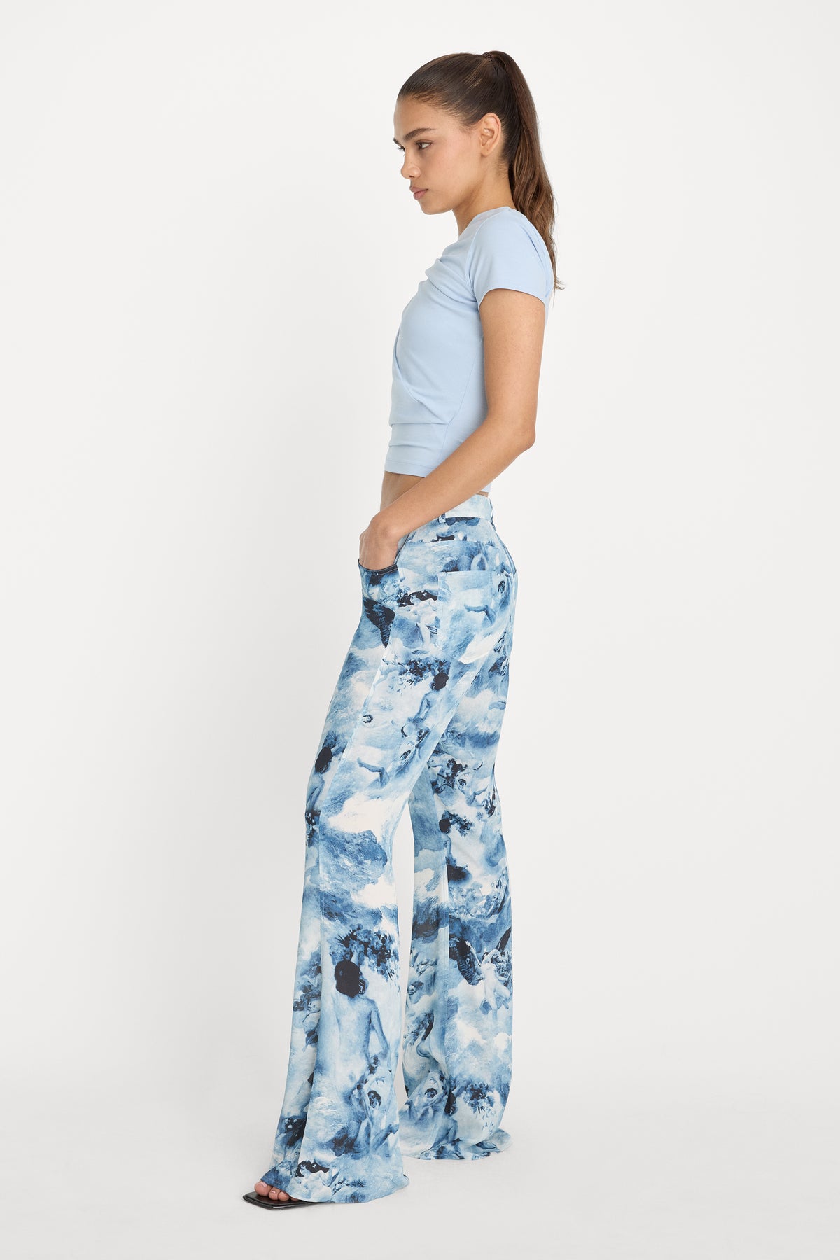 V WAIST CHIFFON FLARE PANTS | BLUE ANGEL PRINT