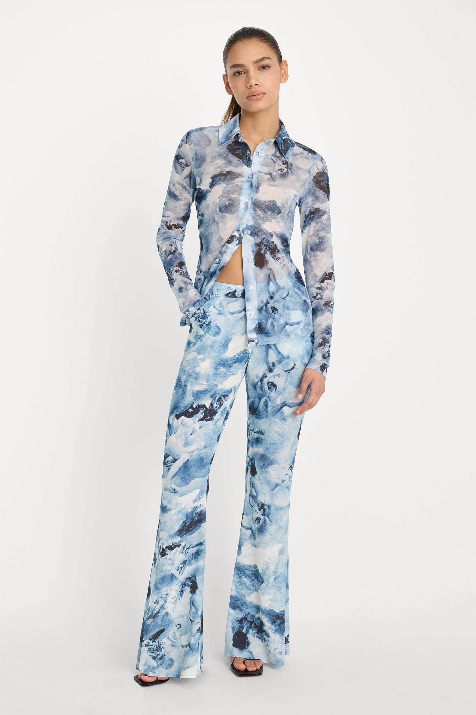 MESH BUTTON UP TOP | BLUE ANGEL PRINT