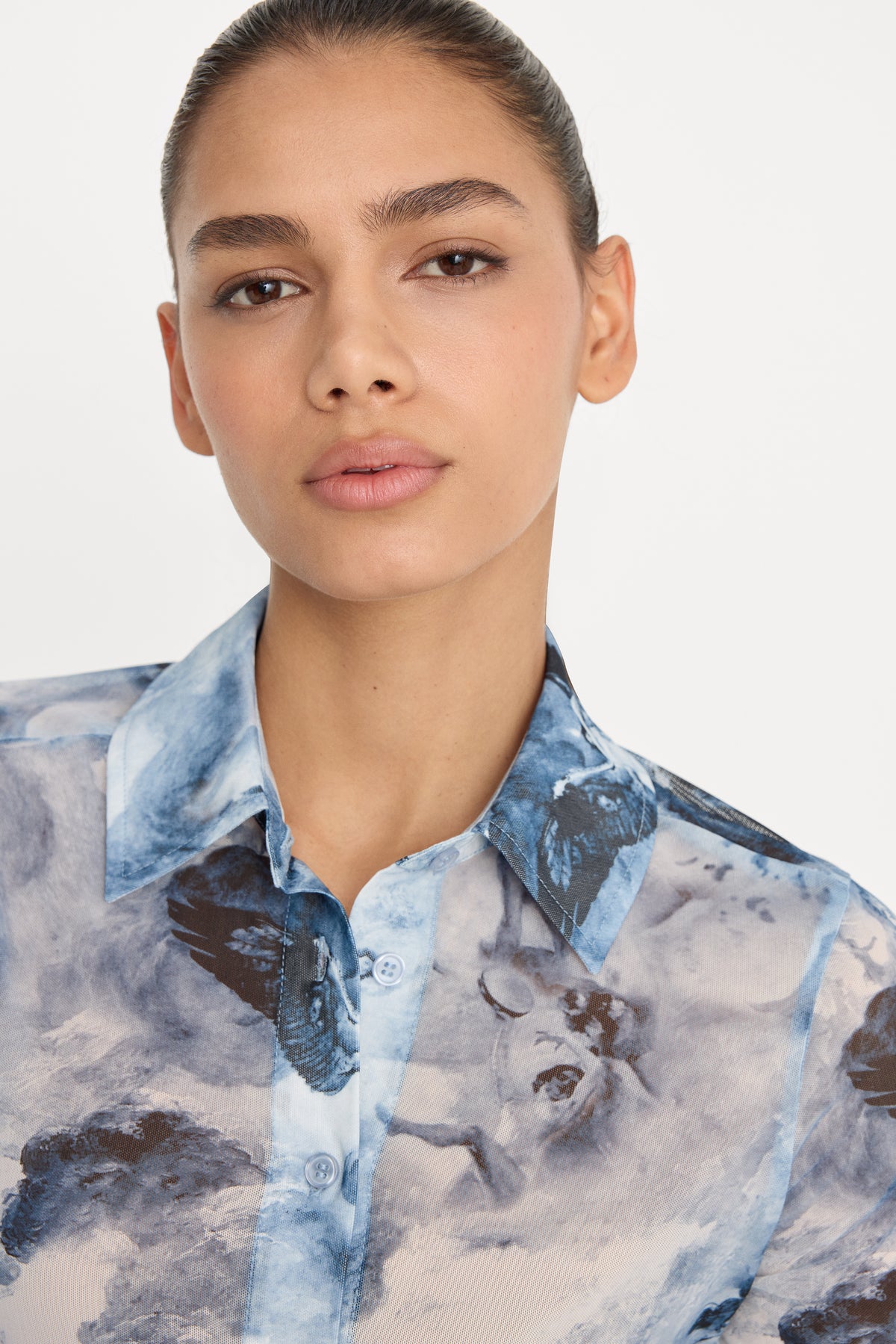 MESH BUTTON UP TOP | BLUE ANGEL PRINT