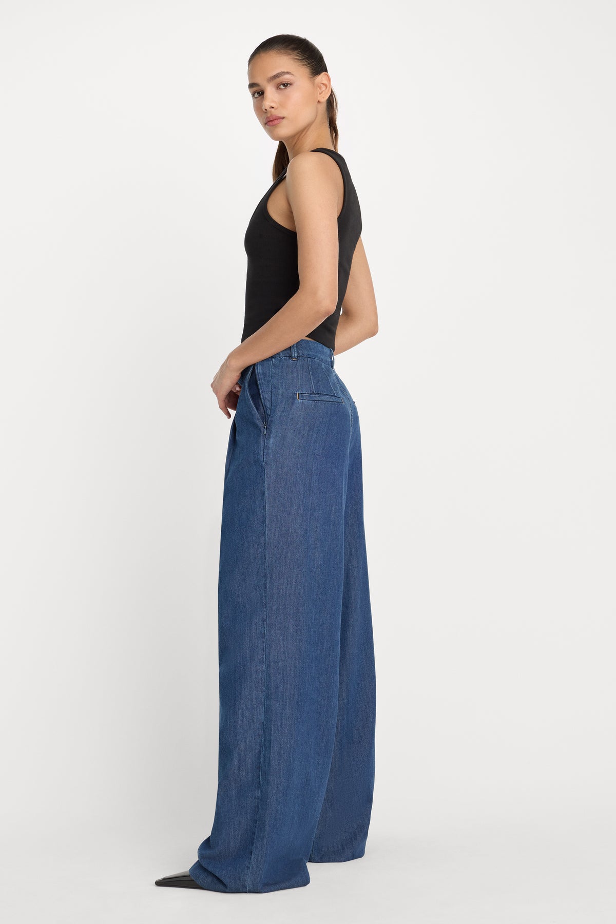 PLEATED HIGH WAISTED WIDE LEG TROUSER | INDIGO1187