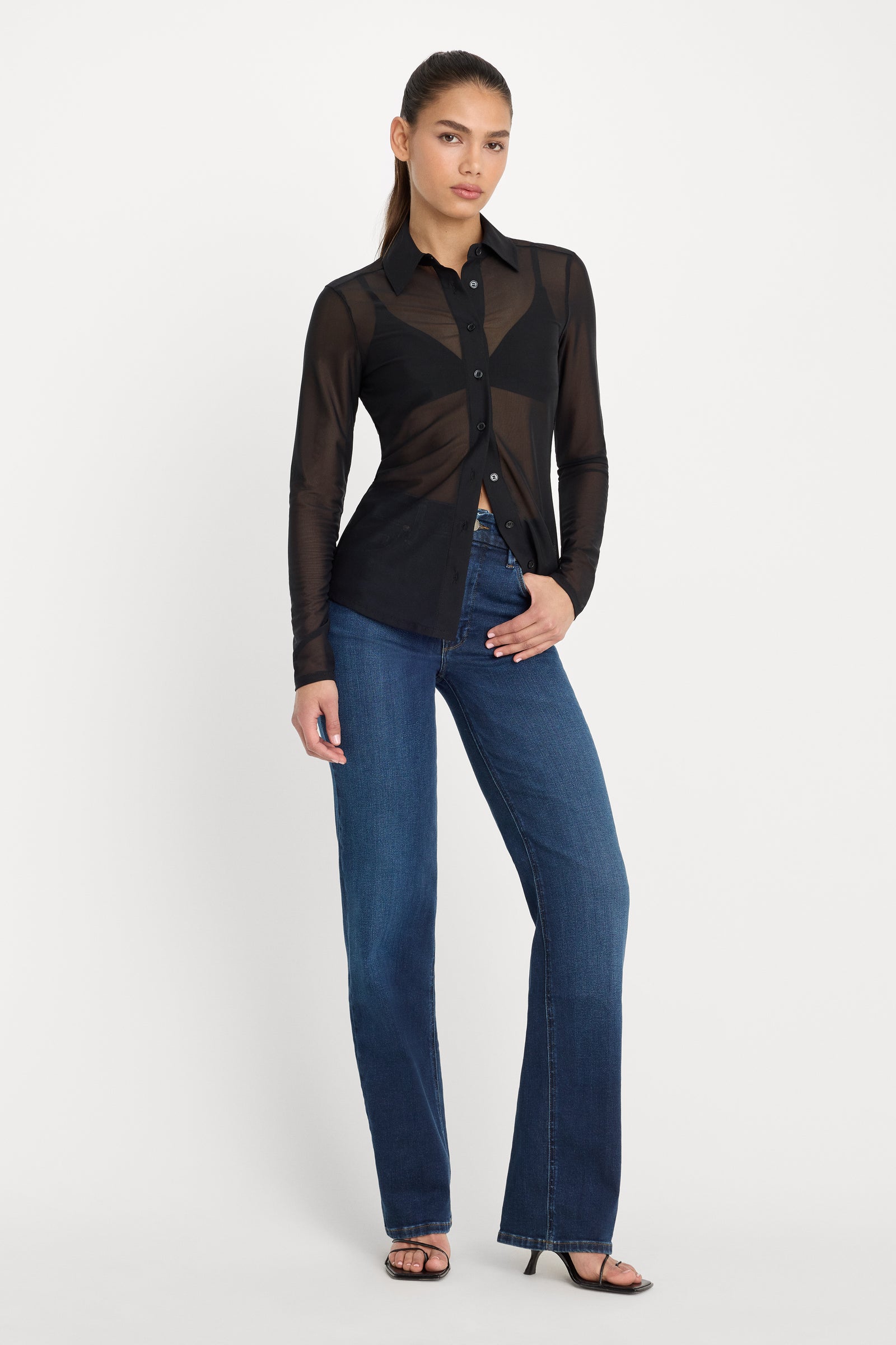 MESH BUTTON UP TOP | BLACK001