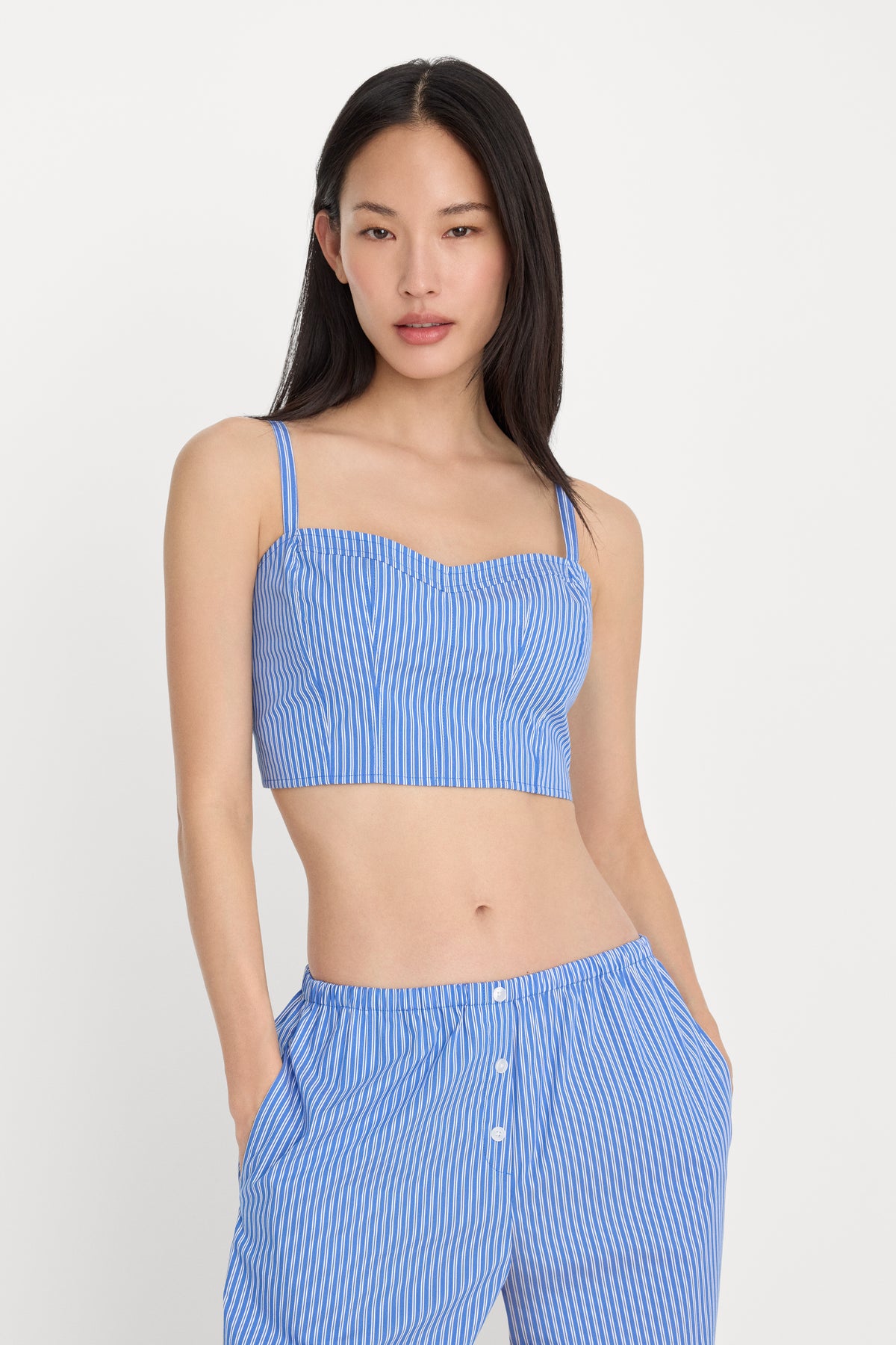 POPLIN BUSTIER CAMI TOP | BLUE AND WHITE STRIPE
