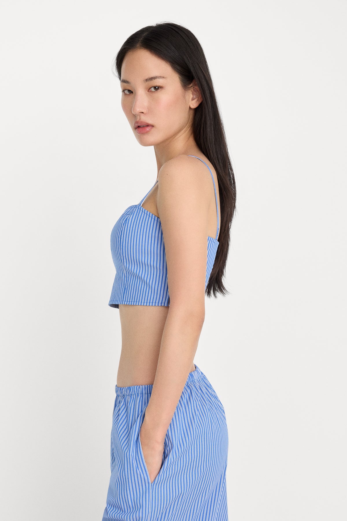 POPLIN BUSTIER CAMI TOP | BLUE AND WHITE STRIPE