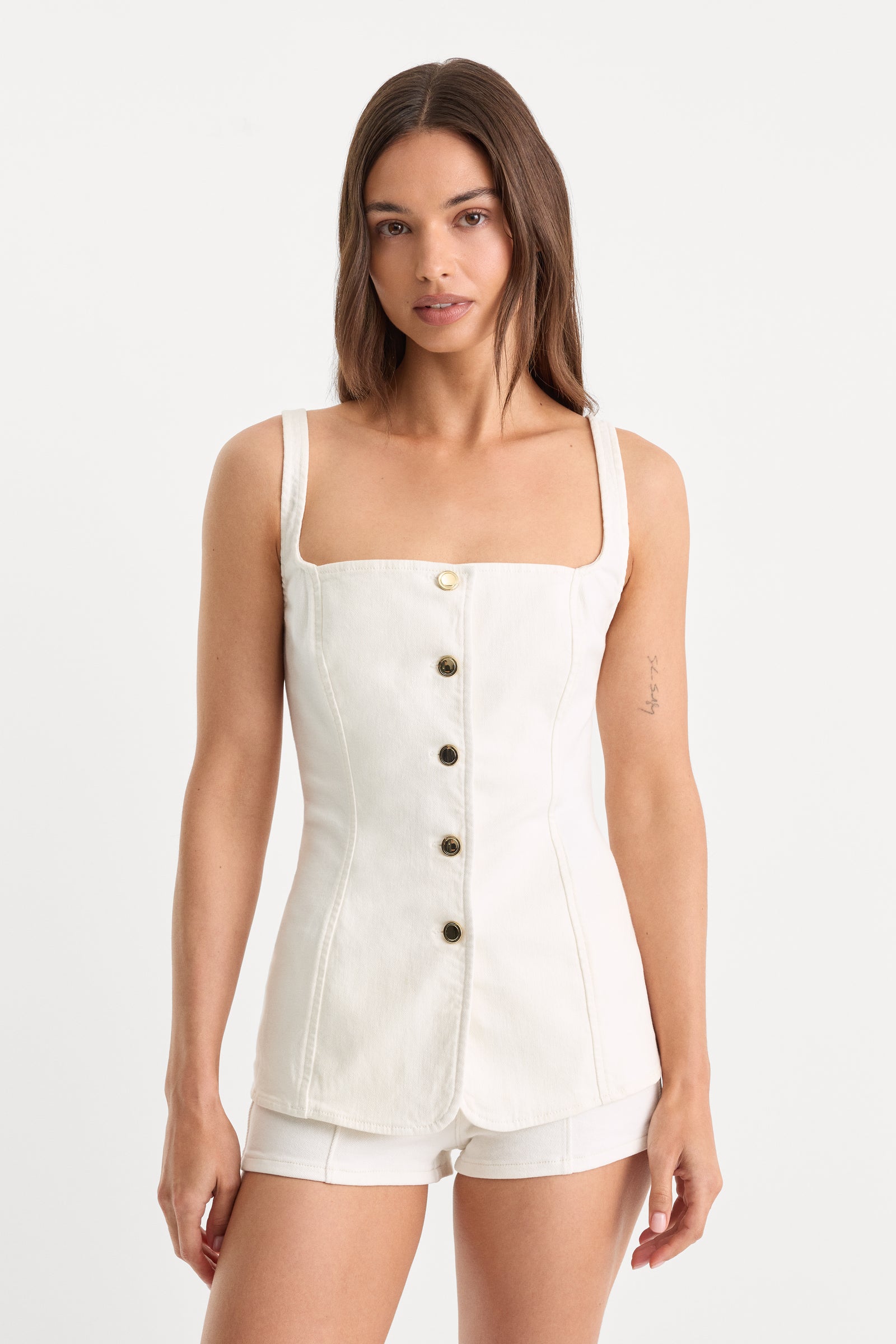 SLEEVELESS DENIM BUTTON FRONT TOP | COTTON WHITE