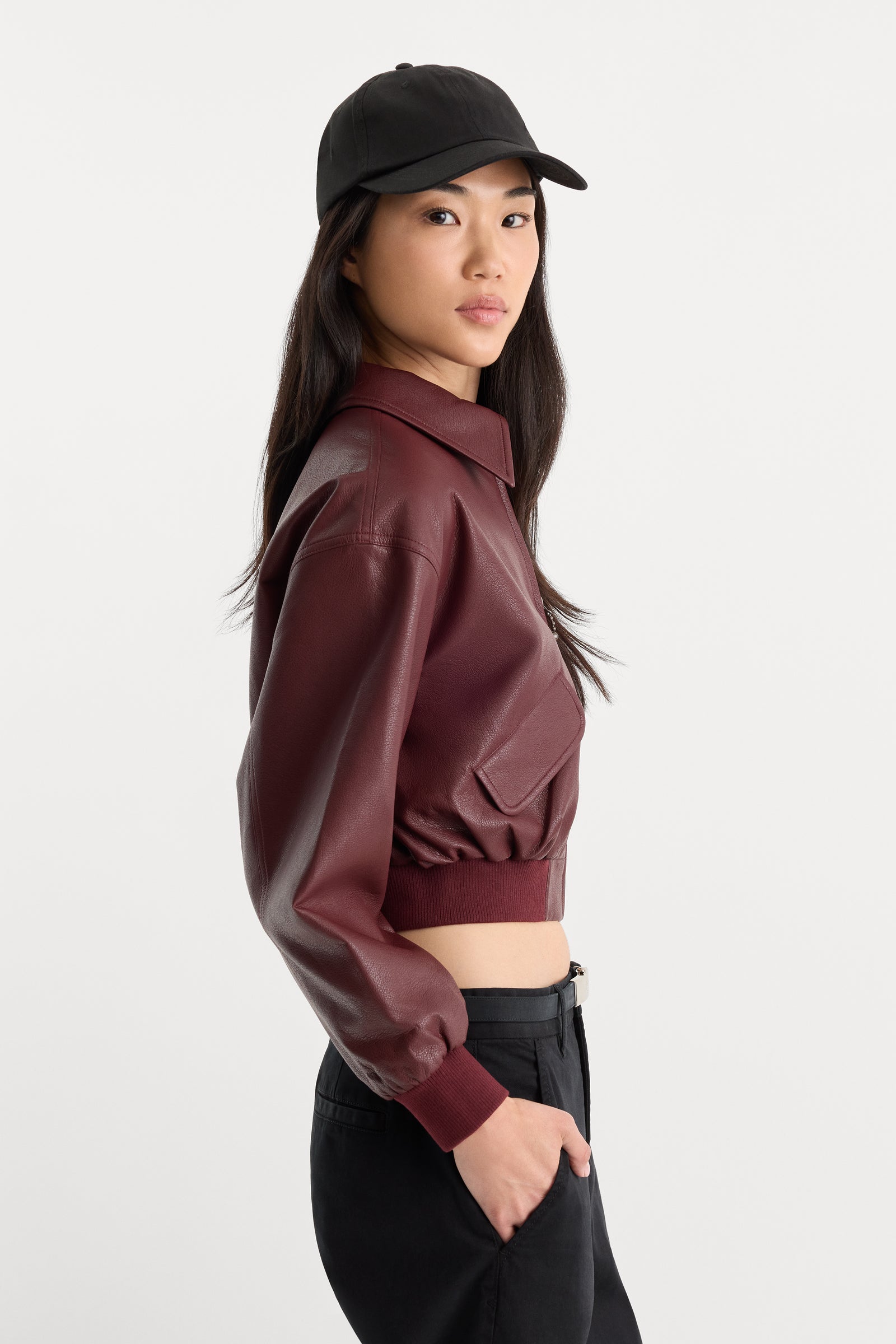 THE BETTER THAN LEATHER CROPPED BOMBER | BERRY NOIR