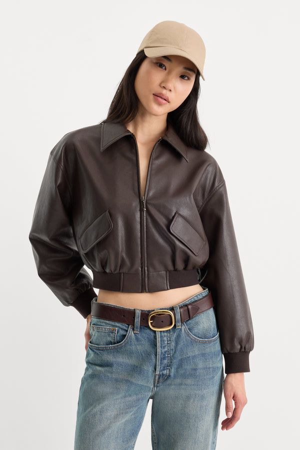 THE BETTER THAN LEATHER BOMBER JACKET | ESPRESSO-3 | GOOD AMERICAN | MODEL