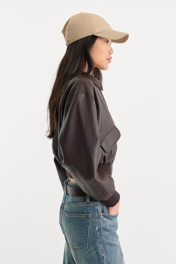 THE BETTER THAN LEATHER BOMBER JACKET | ESPRESSO-4 | GOOD AMERICAN | MODEL