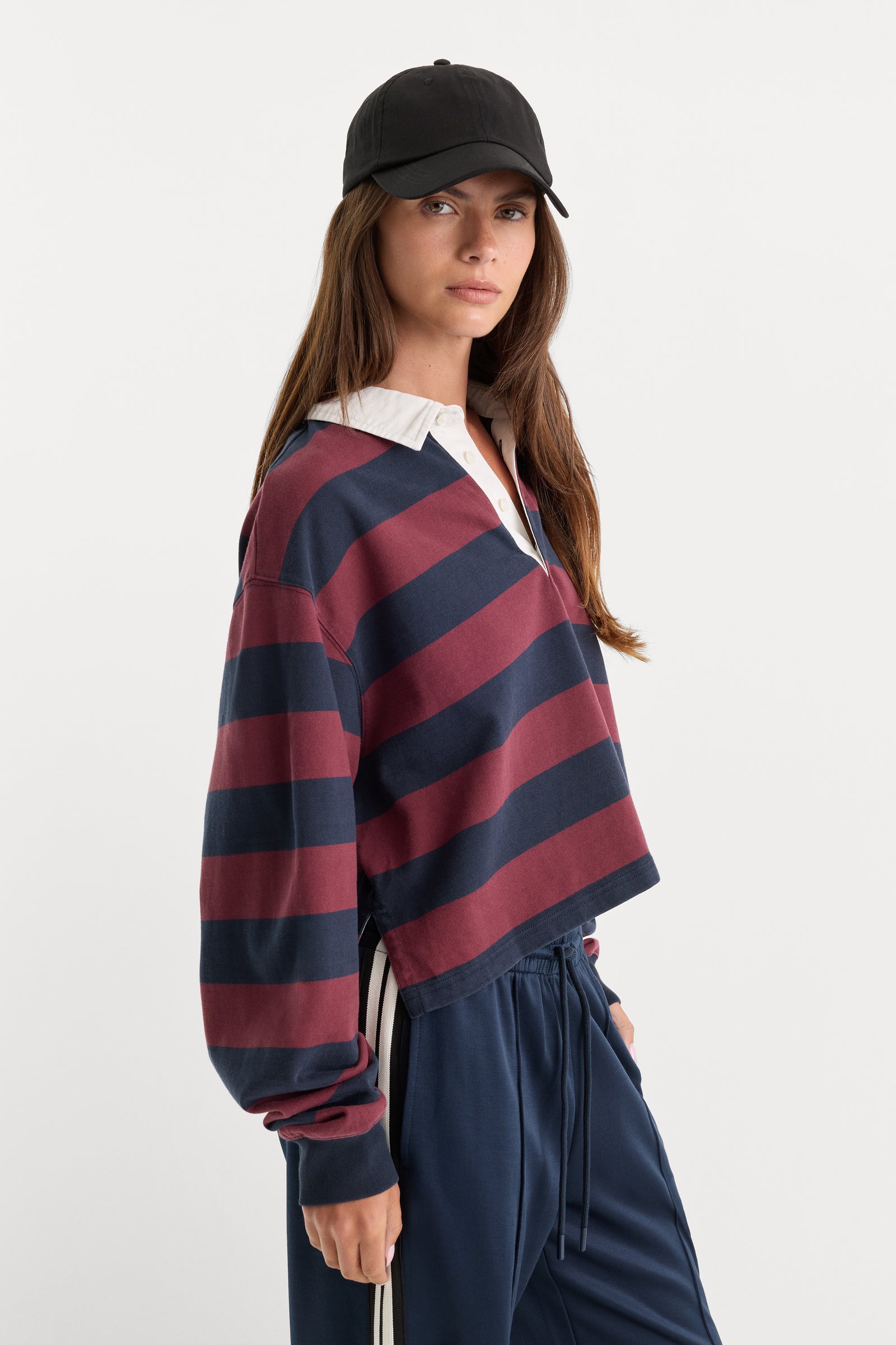THE CROPPED RUGBY POLO | NAVY BERRY NOIR BLOCK STRIPE