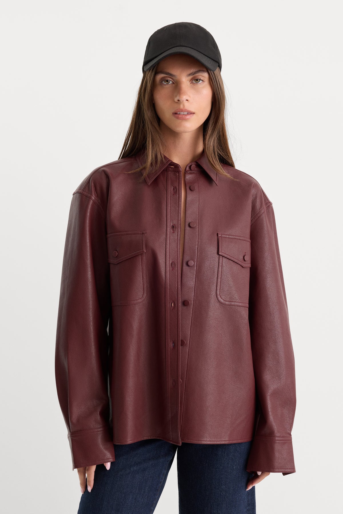 THE BETTER THAN LEATHER CLASSIC SHIRT | BERRY NOIR-1 | GOOD AMERICAN | MODEL