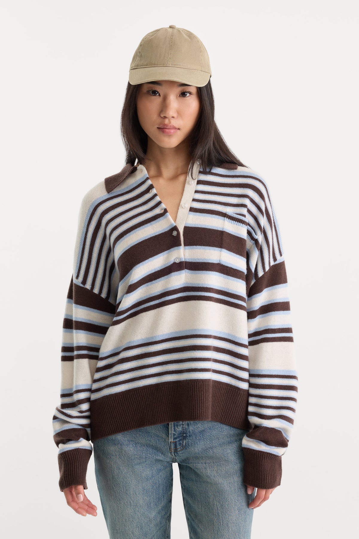 THE OVERSIZED RUGBY SWEATER | MOCHA STRIPE-1 | GOOD AMERICAN | MODEL