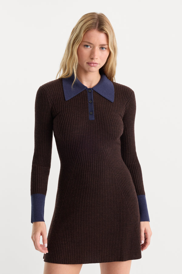 THE KNIT POLO MINI DRESS | ESPRESSO-3 | GOOD AMERICAN | MODEL