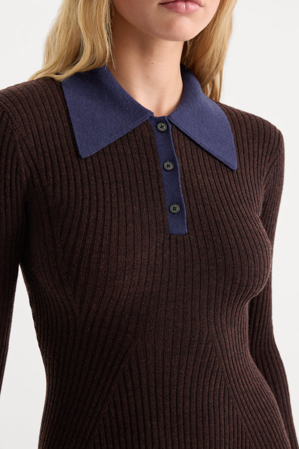 THE KNIT POLO MINI DRESS | ESPRESSO-2 | GOOD AMERICAN | MODEL