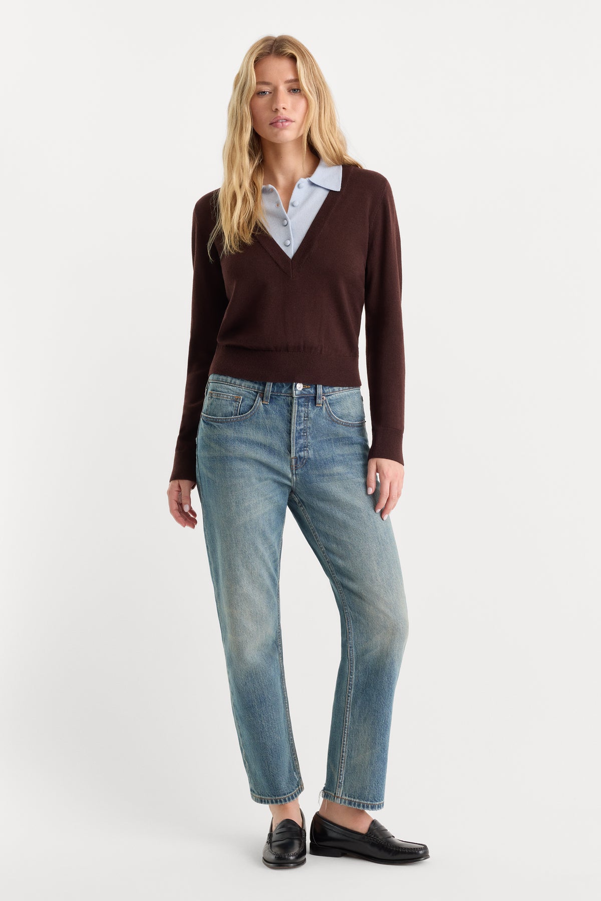THE TWO IN ONE SWEATER | MOCHA WITH SKY-5 | GOOD AMERICAN | MODEL