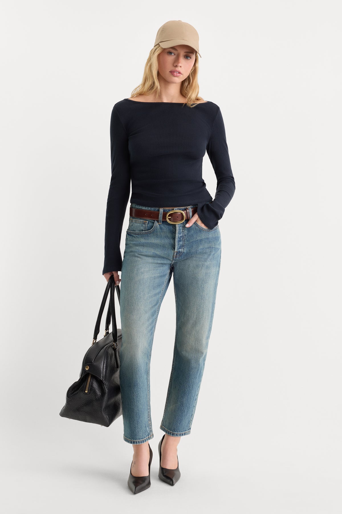 THE VARIEGATED RIB LONG SLEEVE TOP | NEW NAVY002-5 | GOOD AMERICAN | MODEL
