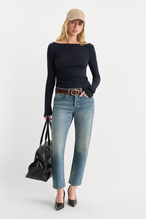 THE VARIEGATED RIB LONG SLEEVE TOP | NEW NAVY002-5 | GOOD AMERICAN | MODEL