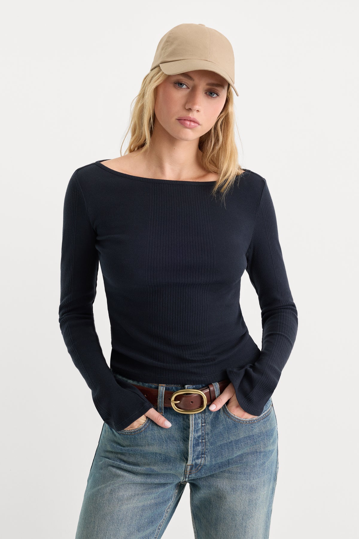 THE VARIEGATED RIB LONG SLEEVE TOP | NEW NAVY002-1 | GOOD AMERICAN | MODEL