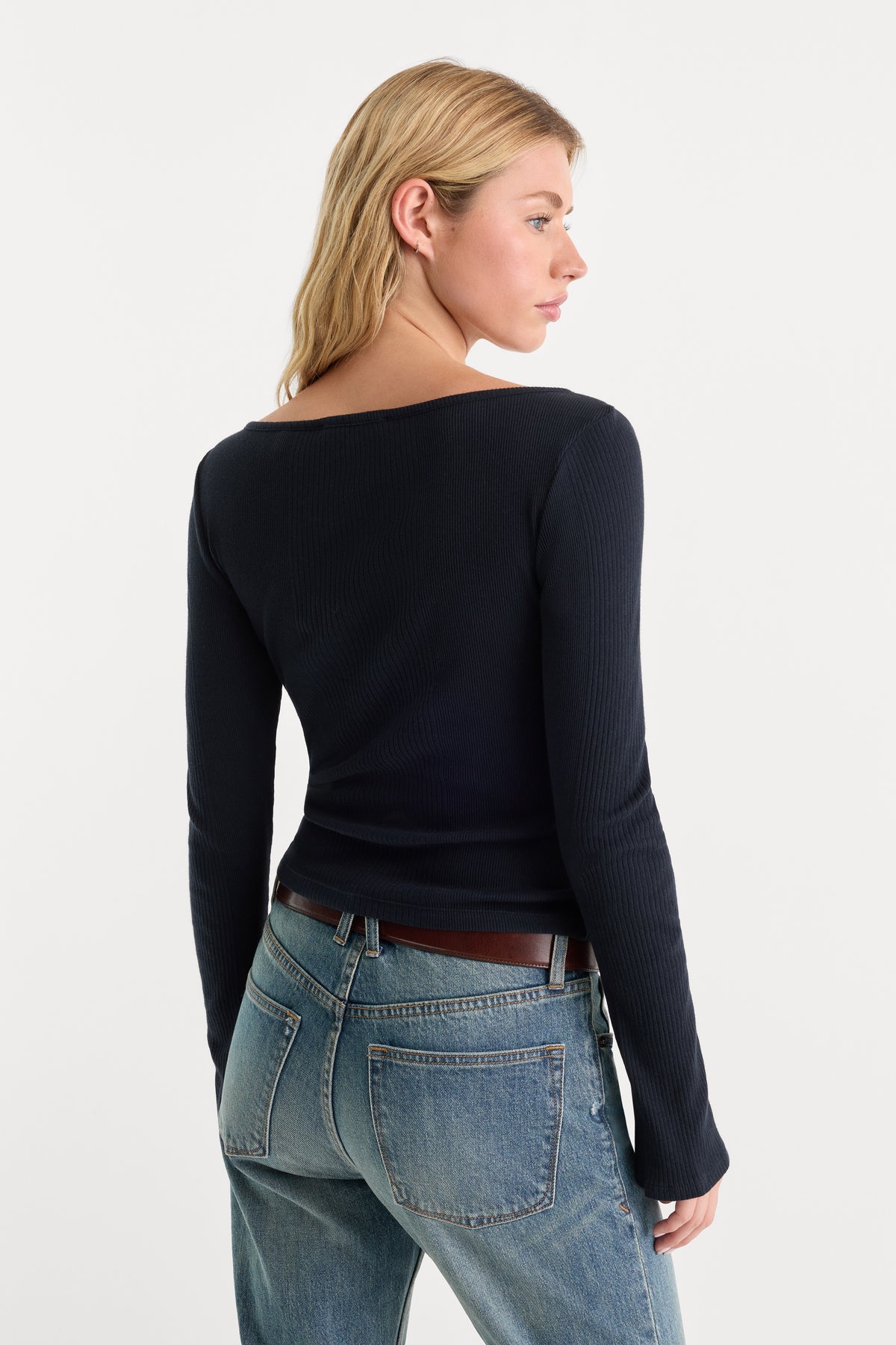 THE VARIEGATED RIB LONG SLEEVE TOP | NEW NAVY002-4 | GOOD AMERICAN | MODEL