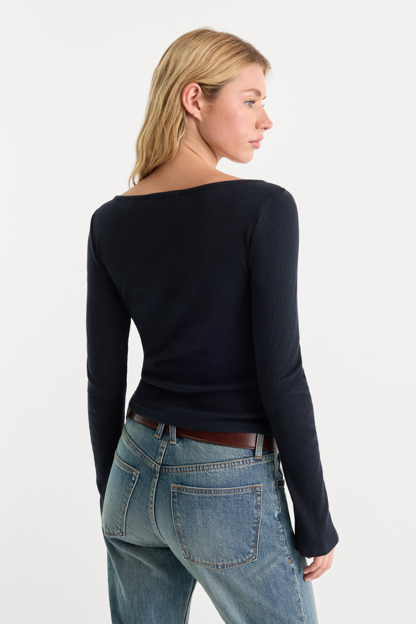 THE VARIEGATED RIB LONG SLEEVE TOP | NEW NAVY002-4 | GOOD AMERICAN | MODEL