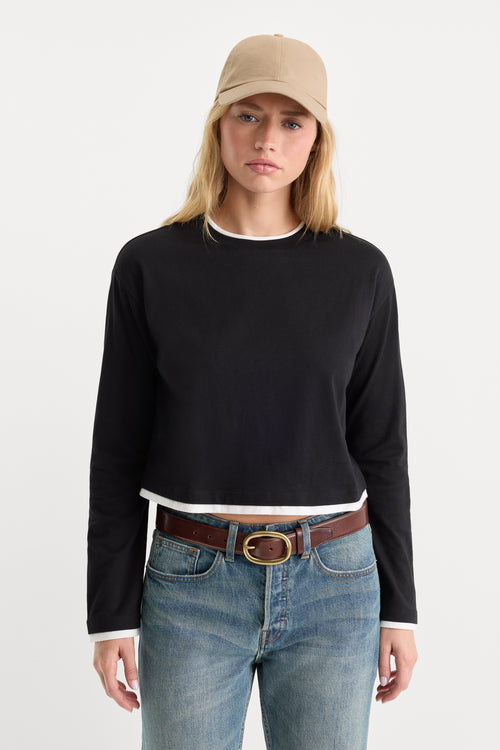 THE LONG SLEEVE LAYERED TEE | BLACK-1 | GOOD AMERICAN | MODEL
