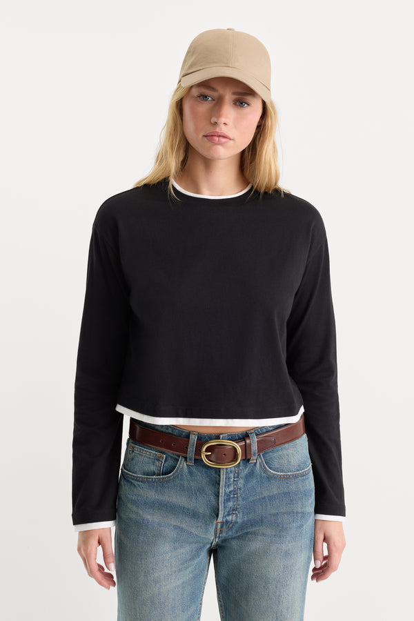 THE LONG SLEEVE LAYERED TEE | BLACK-1 | GOOD AMERICAN | MODEL