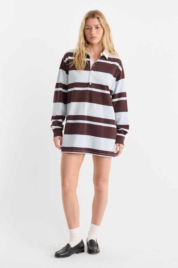 THE KNIT RUGBY MINI DRESS | SKY MOCHA CLUB STRIPE-1 | GOOD AMERICAN | MODEL