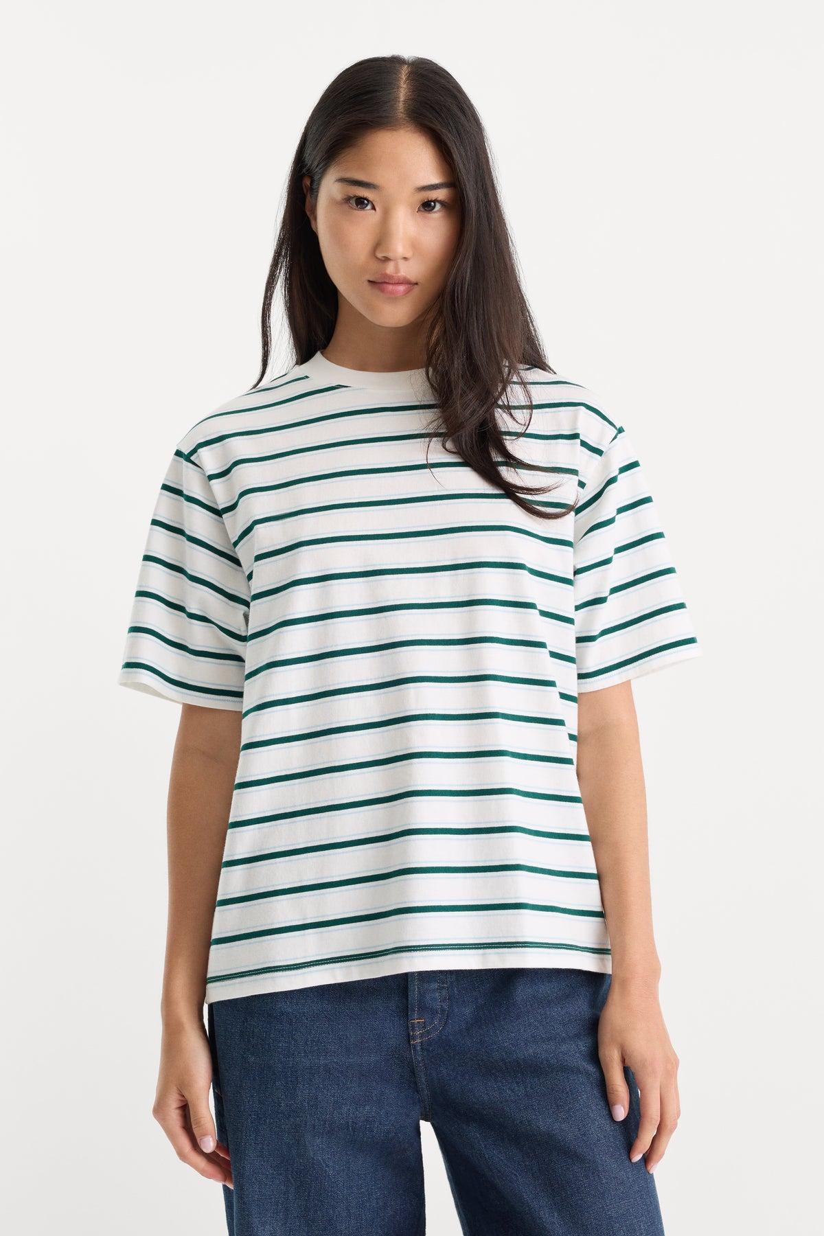 THE BODEGA TEE | FOREST MULTI STRIPE-1 | GOOD AMERICAN | MODEL