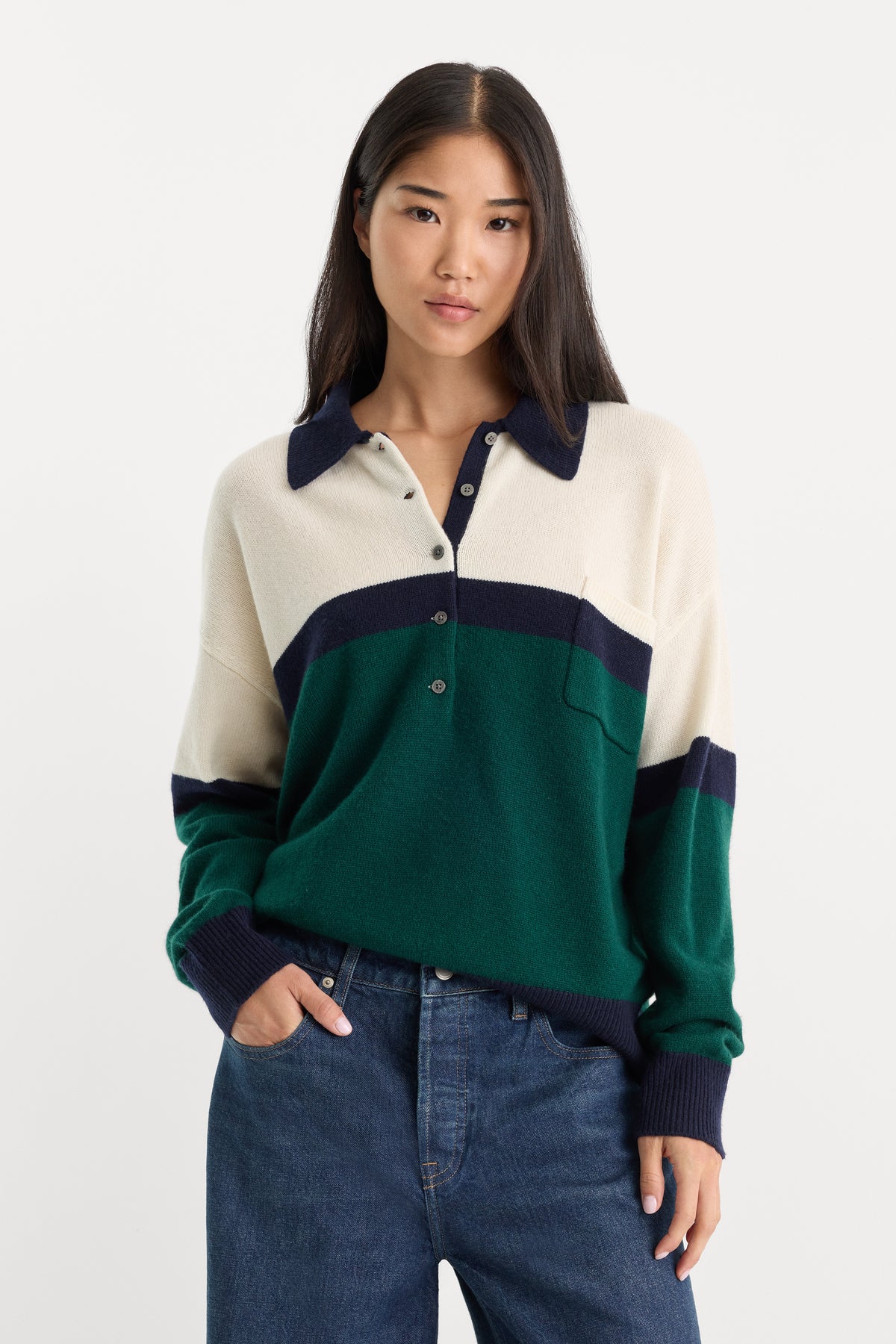THE OVERSIZED RUGBY SWEATER | FOREST BLOCKED STRIPE-3 | GOOD AMERICAN | MODEL