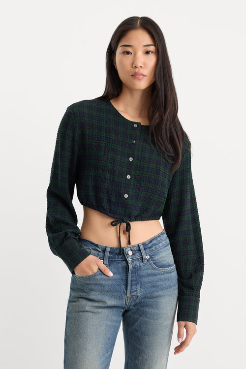 THE CRINKLE CINCHED SHIRT | FOREST PLAID-1 | GOOD AMERICAN | MODEL