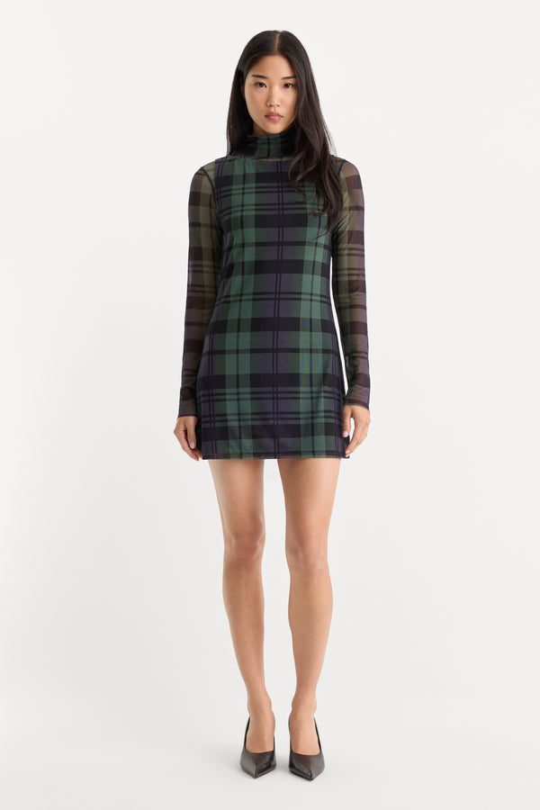 THE MESH MINI DRESS | NAVY AND GREEN PLAID-1 | GOOD AMERICAN | MODEL