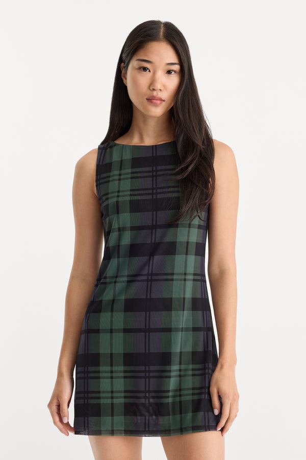 THE MESH MINI DRESS | NAVY AND GREEN PLAID-3 | GOOD AMERICAN | MODEL