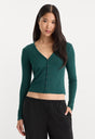 THE RIB V NECK CARDIGAN | FOREST GREEN-1 | GOOD AMERICAN | MODEL