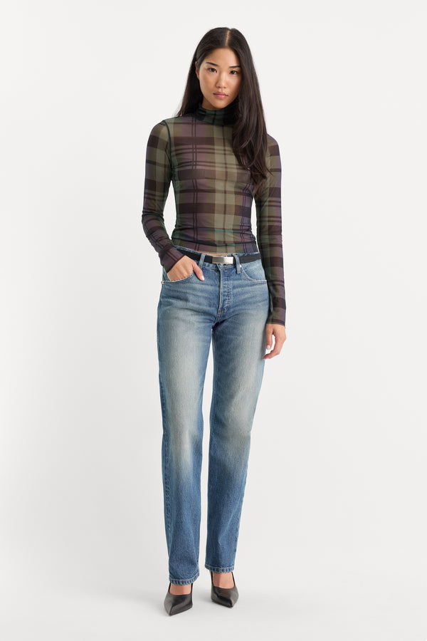 THE MESH TURTLENECK | NAVY AND GREEN PLAID-4 | GOOD AMERICAN | MODEL