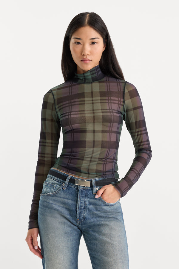 THE MESH TURTLENECK | NAVY AND GREEN PLAID-1 | GOOD AMERICAN | MODEL