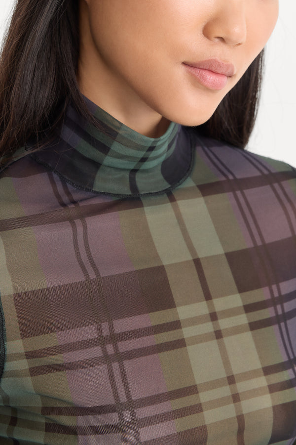 THE MESH TURTLENECK | NAVY AND GREEN PLAID-2 | GOOD AMERICAN | MODEL